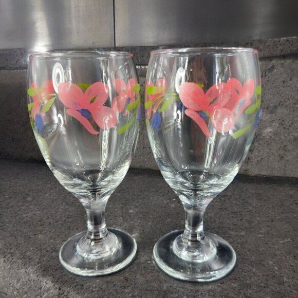 Libbey Barware Glasses Pink Flowers Water Goblet Drinking Glasses Set 2 VTG - Picture 1 of 14